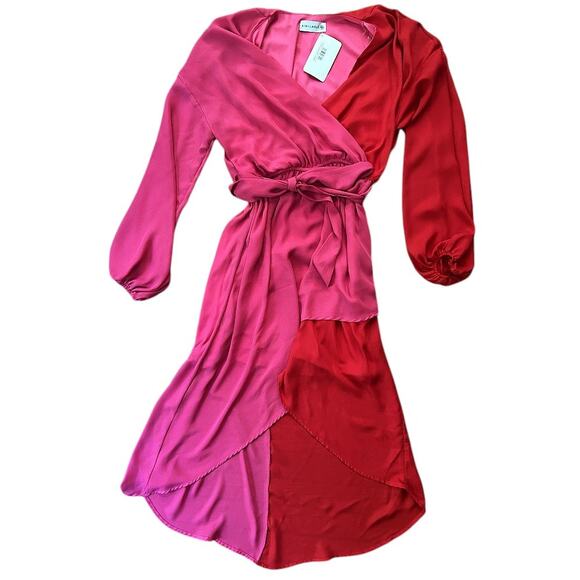 NWT Kiki La Rue Welch Pink & Red Colorblock Faux-Wrap Dress Women's Small - Picture 1 of 7